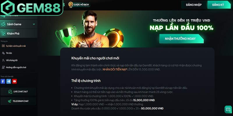 Tặng 100% giá trị nhân đôi khoản tiền nạp đầu tối đa 15 triệu VNĐ